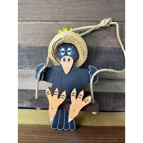 Wooden Crow In Straw Hat On Swing Outside Decor - Picture 1 of 6